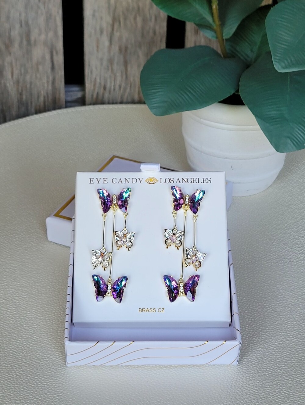eye candy Purple Iridescent & Gold Butterfly Drop Earrings - Picture 4 of 5